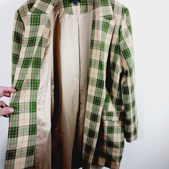 Bardot, Plaid Long Blazer Jacket Green & Soft Gold, Pink Highlight Medium Preppy - Picture 6 of 15